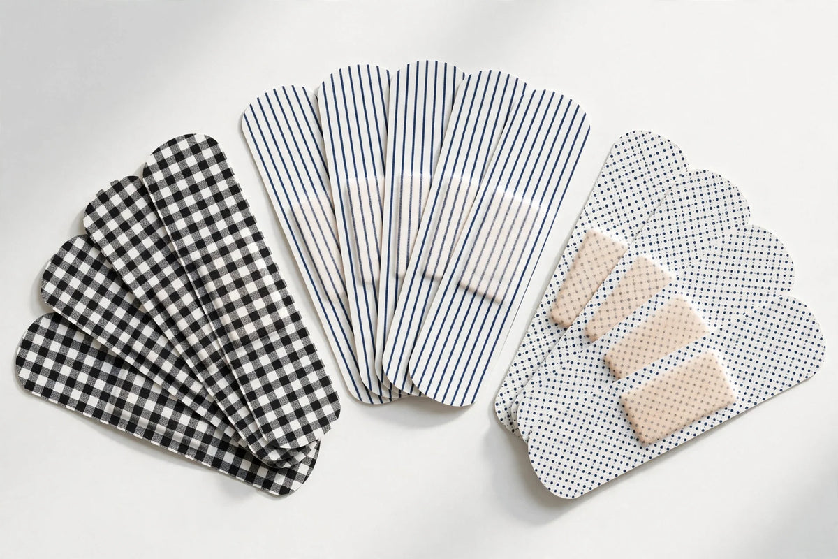 Patterned adhesive bandages in gingham, stripe and dot designs
